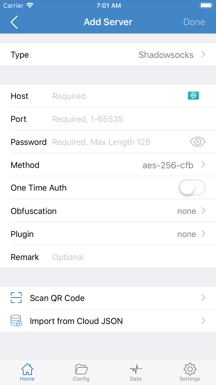 ShadowrocketのAdd Server画面。Type、Host、Port、Password、Methodと画面下部の読み込み項目を表示