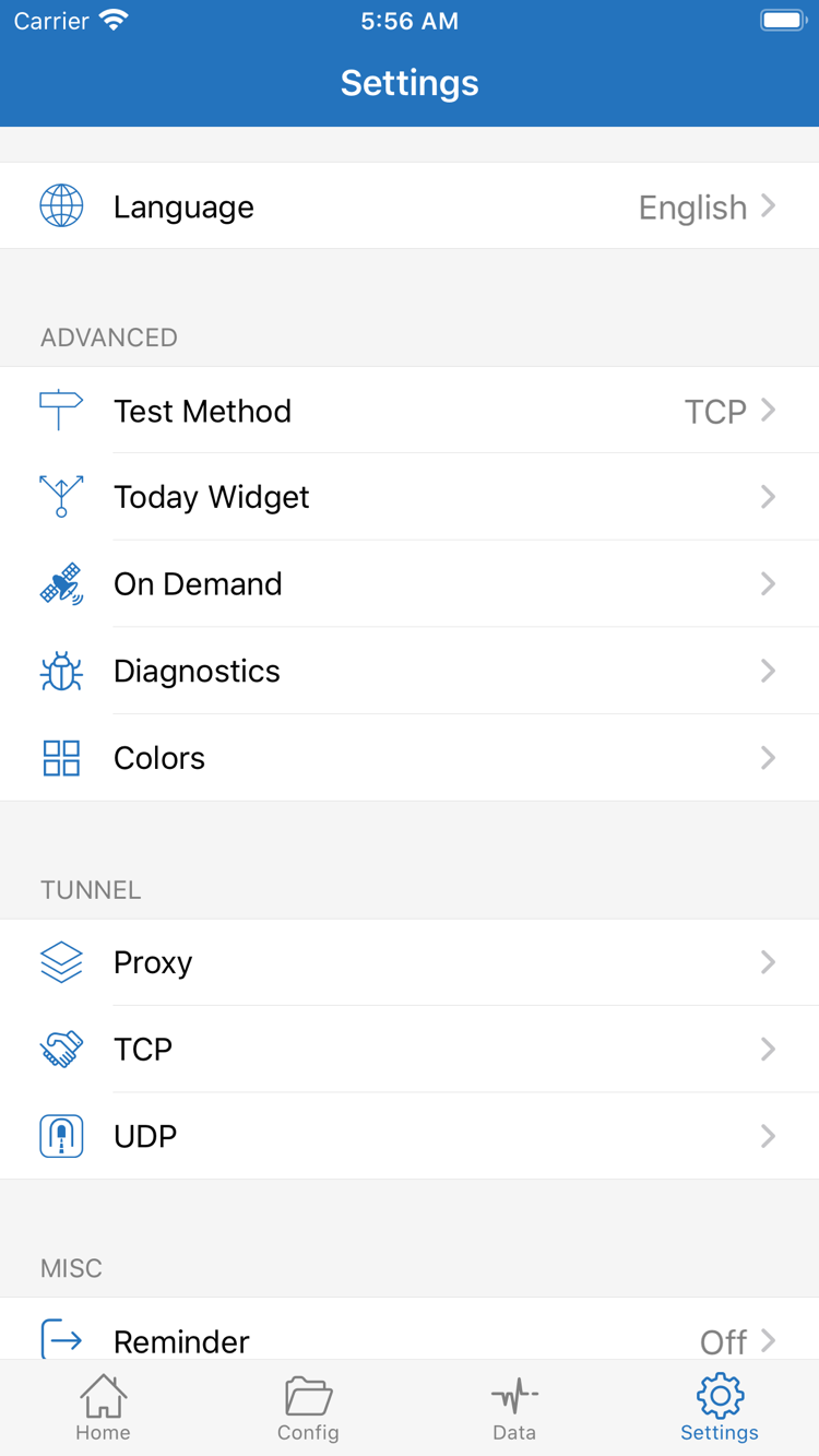 ShadowrocketのSettings画面。Language、Test Method、Today Widget、On Demand、Diagnostics、Proxy、TCP、UDPを表示